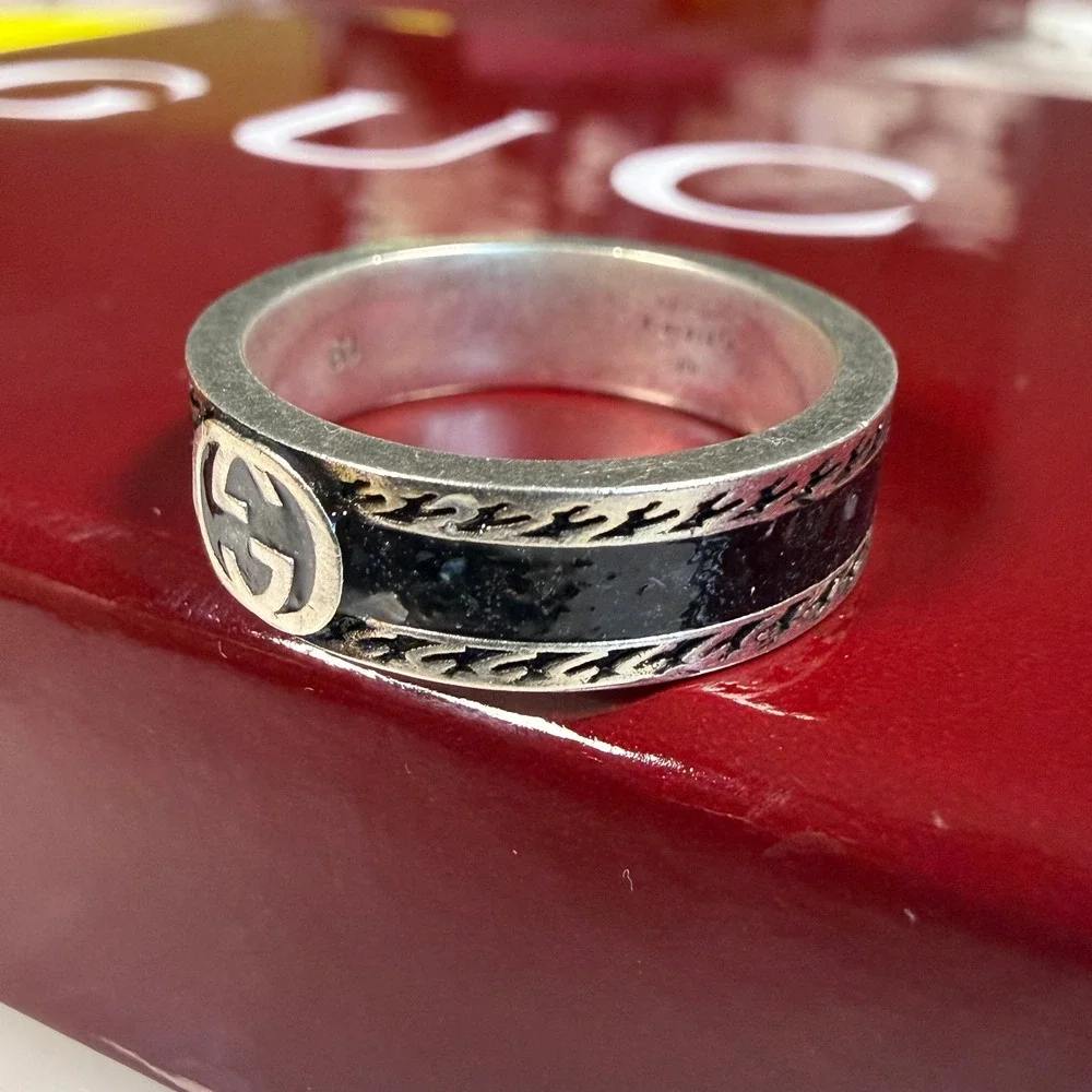 Gucci 745573 Interlocking GG Black Resin Sterling Silver Ring Size 19 US 8 3/4